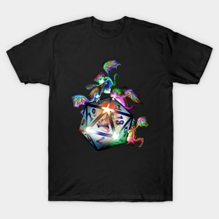 Cute tiny dragons looking into a glowing d20 dnd dice T-Shirt